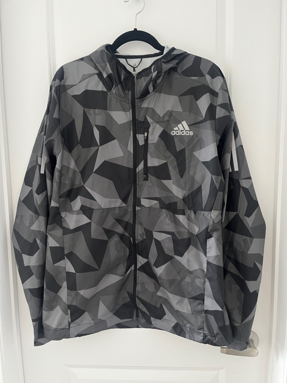 Adidas Own The Run Black & Gray Geometric Camo Running Windbreaker Jacket